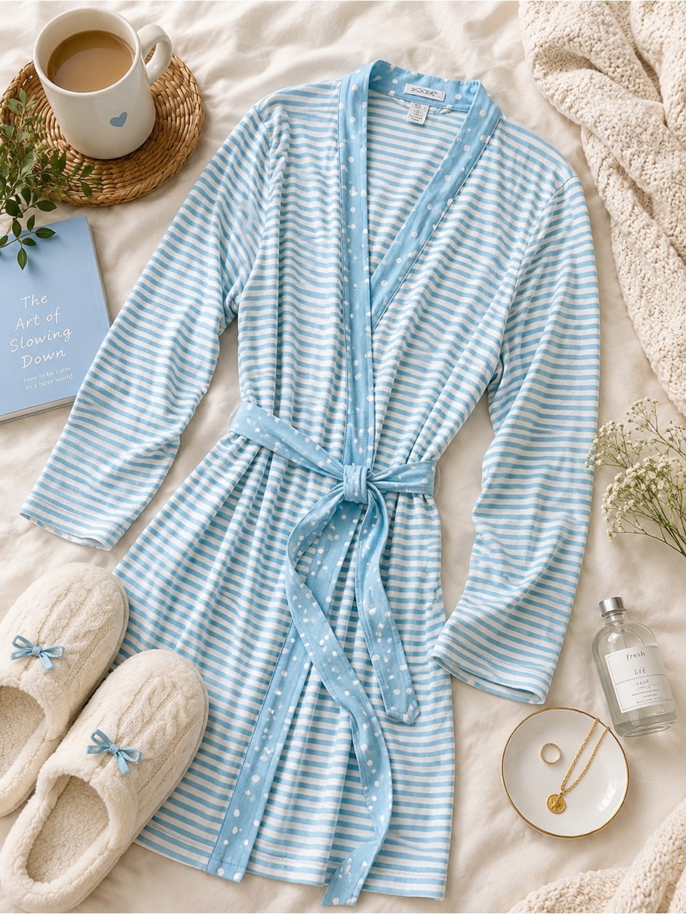 Jockey Blue Stripe Jersey Wrap Robe Size L